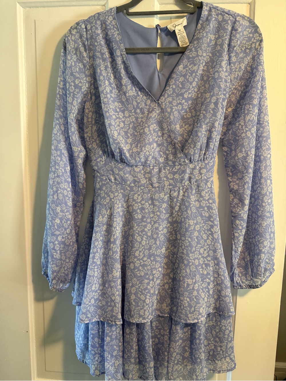 Long Sleeve Floral Wrap Dress in Light Blue